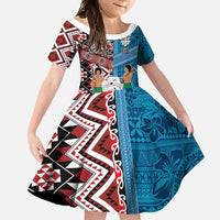 Personalised Aotearoa and Fiji Together Family Matching Long Sleeve Bodycon Dress and Hawaiian Shirt Melanesian Warrior and Koru - Taniko with Hibiscus Tapa Pattern LT03 Daughter's Dress Blue - Polynesian Pride
