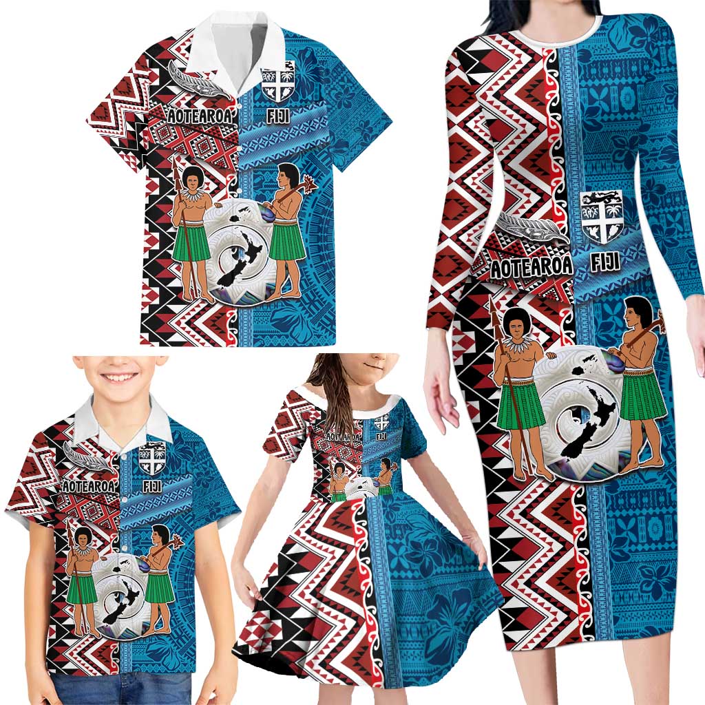 Personalised Aotearoa and Fiji Together Family Matching Long Sleeve Bodycon Dress and Hawaiian Shirt Melanesian Warrior and Koru - Taniko with Hibiscus Tapa Pattern LT03 - Polynesian Pride
