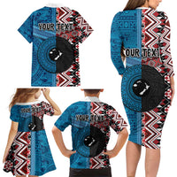 Personalised Aotearoa and Fiji Together Family Matching Long Sleeve Bodycon Dress and Hawaiian Shirt Melanesian Warrior and Koru - Taniko with Hibiscus Tapa Pattern LT03 - Polynesian Pride