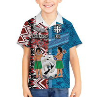Personalised Aotearoa and Fiji Together Family Matching Long Sleeve Bodycon Dress and Hawaiian Shirt Melanesian Warrior and Koru - Taniko with Hibiscus Tapa Pattern LT03 Son's Shirt Blue - Polynesian Pride