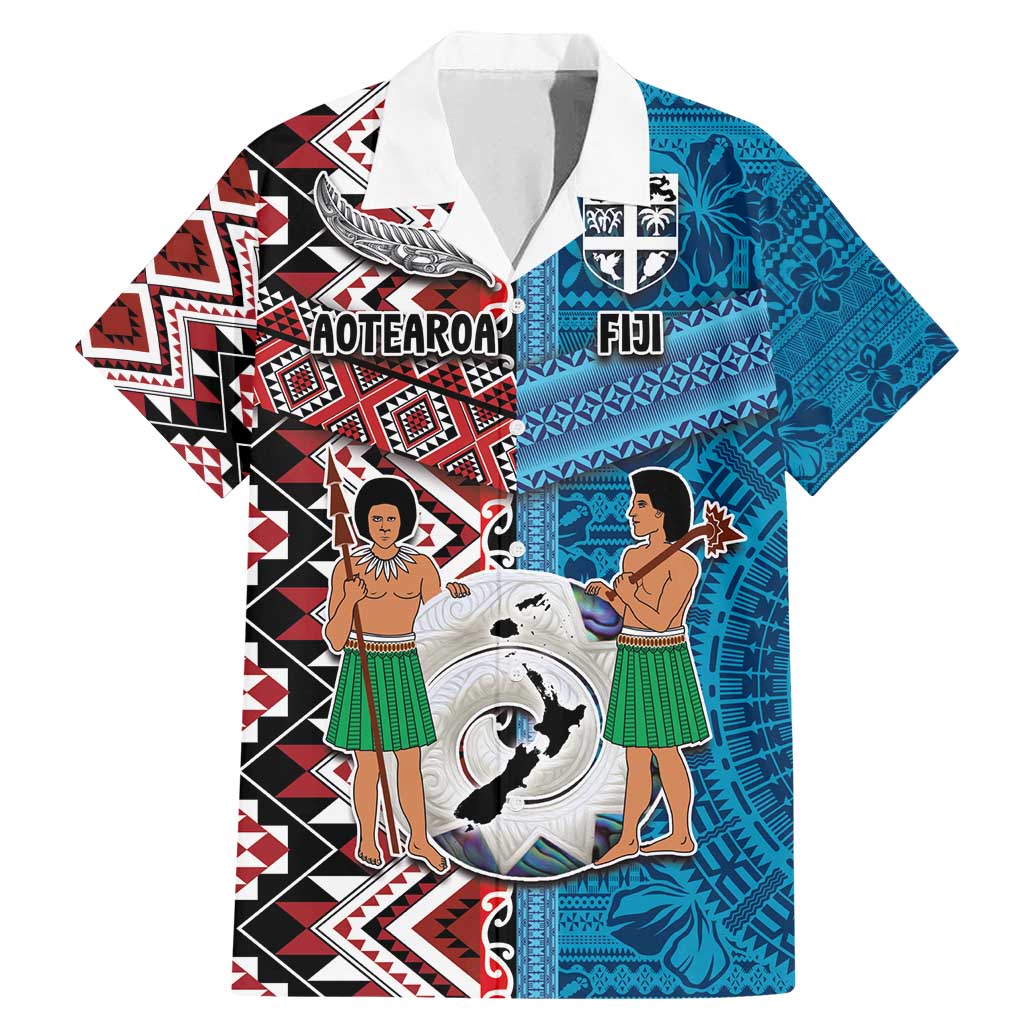 Personalised Aotearoa and Fiji Together Family Matching Mermaid Dress and Hawaiian Shirt Melanesian Warrior and Koru - Taniko with Hibiscus Tapa Pattern LT03 Dad's Shirt - Short Sleeve Blue - Polynesian Pride