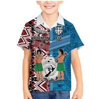 Personalised Aotearoa and Fiji Together Family Matching Mermaid Dress and Hawaiian Shirt Melanesian Warrior and Koru - Taniko with Hibiscus Tapa Pattern LT03 Son's Shirt Blue - Polynesian Pride