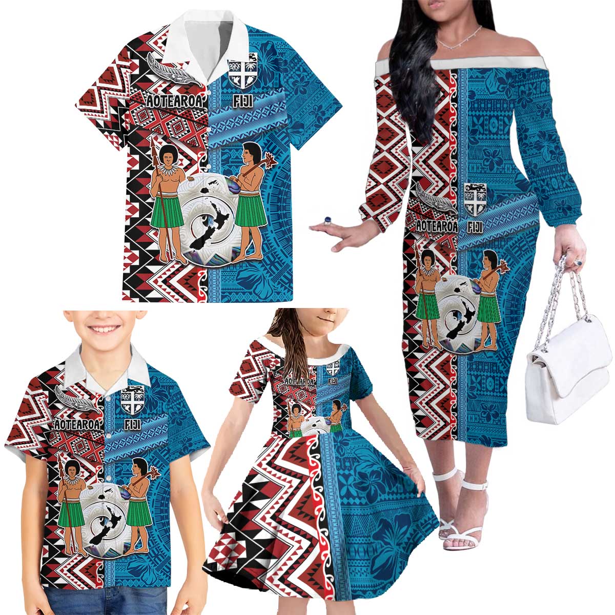 Personalised Aotearoa and Fiji Together Family Matching Off The Shoulder Long Sleeve Dress and Hawaiian Shirt Melanesian Warrior and Koru - Taniko with Hibiscus Tapa Pattern LT03 - Polynesian Pride