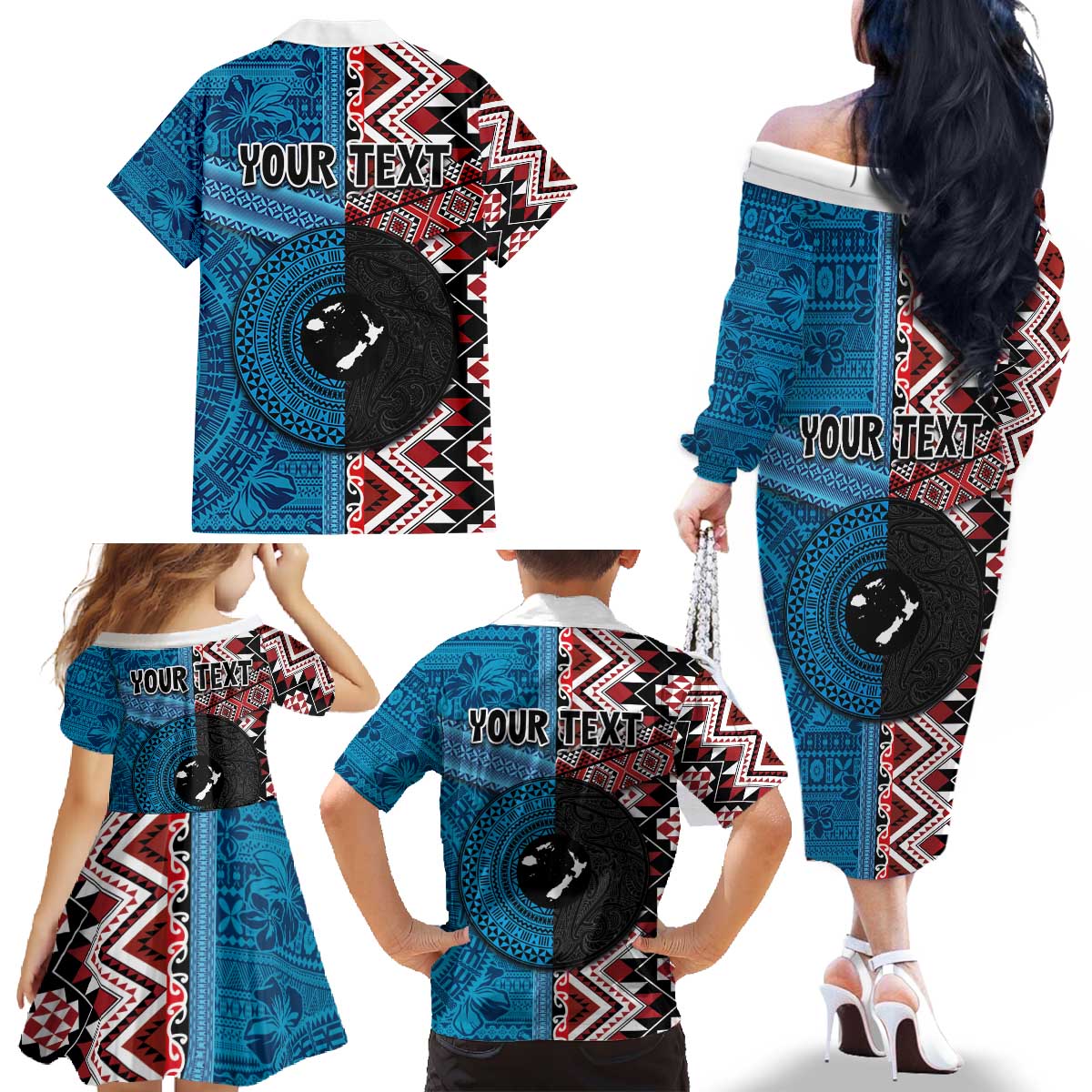 Personalised Aotearoa and Fiji Together Family Matching Off The Shoulder Long Sleeve Dress and Hawaiian Shirt Melanesian Warrior and Koru - Taniko with Hibiscus Tapa Pattern LT03 - Polynesian Pride