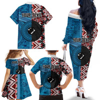 Personalised Aotearoa and Fiji Together Family Matching Off The Shoulder Long Sleeve Dress and Hawaiian Shirt Melanesian Warrior and Koru - Taniko with Hibiscus Tapa Pattern LT03 - Polynesian Pride