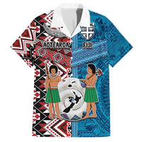 Personalised Aotearoa and Fiji Together Family Matching Off The Shoulder Long Sleeve Dress and Hawaiian Shirt Melanesian Warrior and Koru - Taniko with Hibiscus Tapa Pattern LT03 Dad's Shirt - Short Sleeve Blue - Polynesian Pride