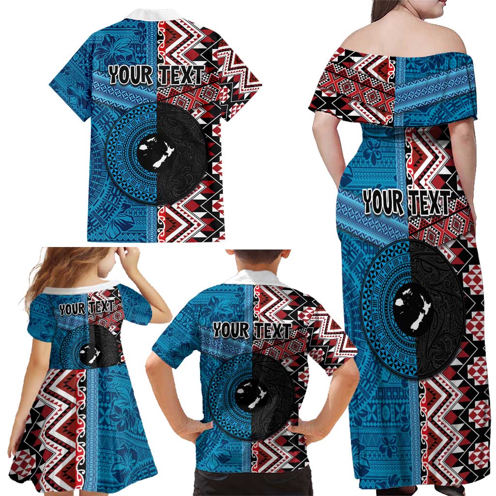 Personalised Aotearoa and Fiji Together Family Matching Off Shoulder Maxi Dress and Hawaiian Shirt Melanesian Warrior and Koru - Taniko with Hibiscus Tapa Pattern LT03 - Polynesian Pride