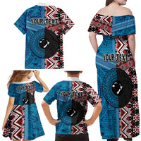 Personalised Aotearoa and Fiji Together Family Matching Off Shoulder Maxi Dress and Hawaiian Shirt Melanesian Warrior and Koru - Taniko with Hibiscus Tapa Pattern LT03 - Polynesian Pride