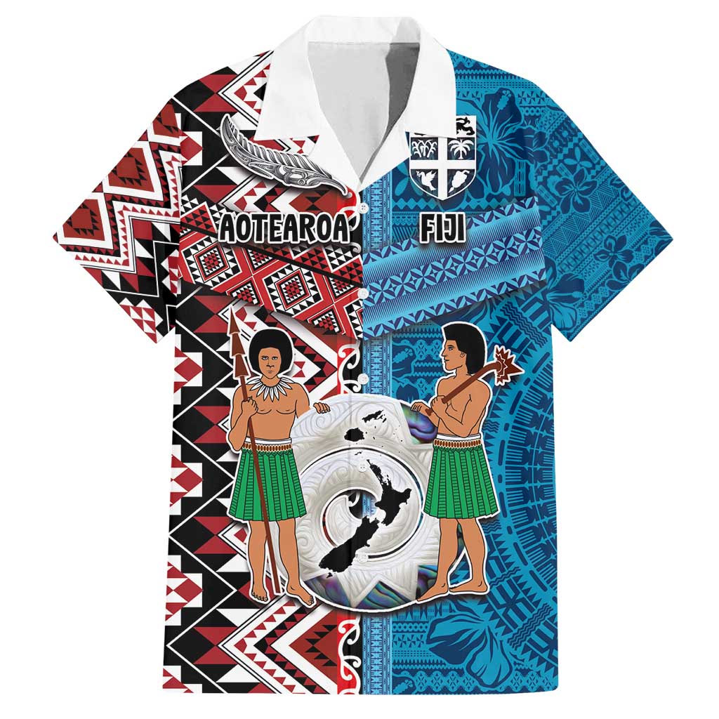 Personalised Aotearoa and Fiji Together Family Matching Off Shoulder Maxi Dress and Hawaiian Shirt Melanesian Warrior and Koru - Taniko with Hibiscus Tapa Pattern LT03 Dad's Shirt - Short Sleeve Blue - Polynesian Pride
