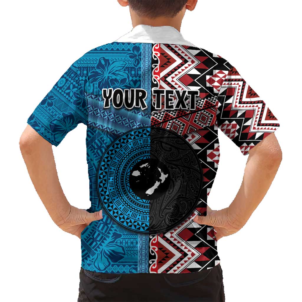 Personalised Aotearoa and Fiji Together Family Matching Off Shoulder Short Dress and Hawaiian Shirt Melanesian Warrior and Koru - Taniko with Hibiscus Tapa Pattern LT03 - Polynesian Pride