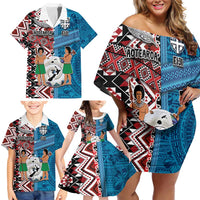 Personalised Aotearoa and Fiji Together Family Matching Off Shoulder Short Dress and Hawaiian Shirt Melanesian Warrior and Koru - Taniko with Hibiscus Tapa Pattern LT03 - Polynesian Pride