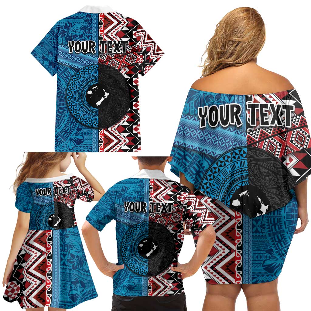 Personalised Aotearoa and Fiji Together Family Matching Off Shoulder Short Dress and Hawaiian Shirt Melanesian Warrior and Koru - Taniko with Hibiscus Tapa Pattern LT03 - Polynesian Pride