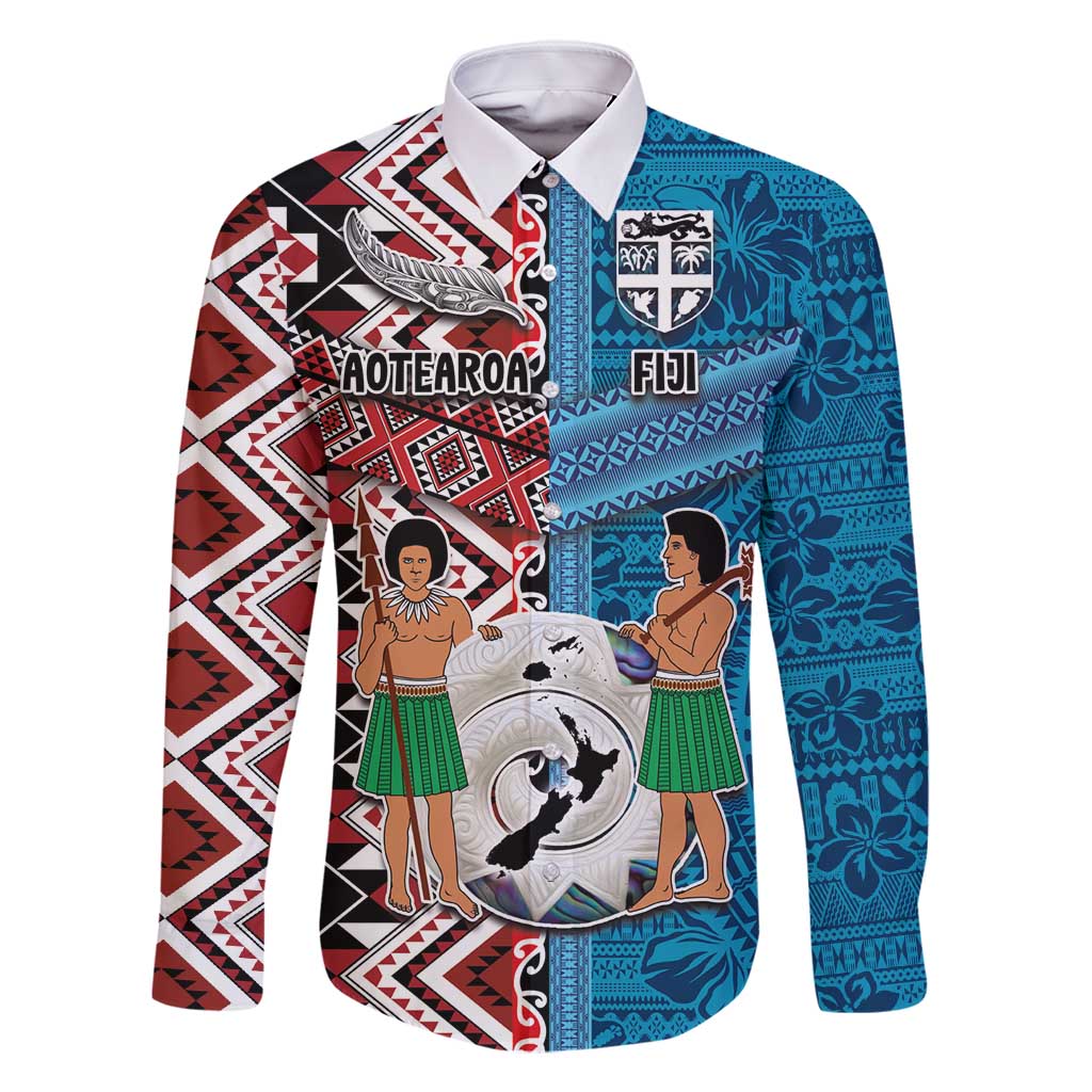 Personalised Aotearoa and Fiji Together Family Matching Off Shoulder Short Dress and Hawaiian Shirt Melanesian Warrior and Koru - Taniko with Hibiscus Tapa Pattern LT03 Dad's Shirt - Long Sleeve Blue - Polynesian Pride