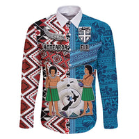 Personalised Aotearoa and Fiji Together Family Matching Off Shoulder Short Dress and Hawaiian Shirt Melanesian Warrior and Koru - Taniko with Hibiscus Tapa Pattern LT03 Dad's Shirt - Long Sleeve Blue - Polynesian Pride