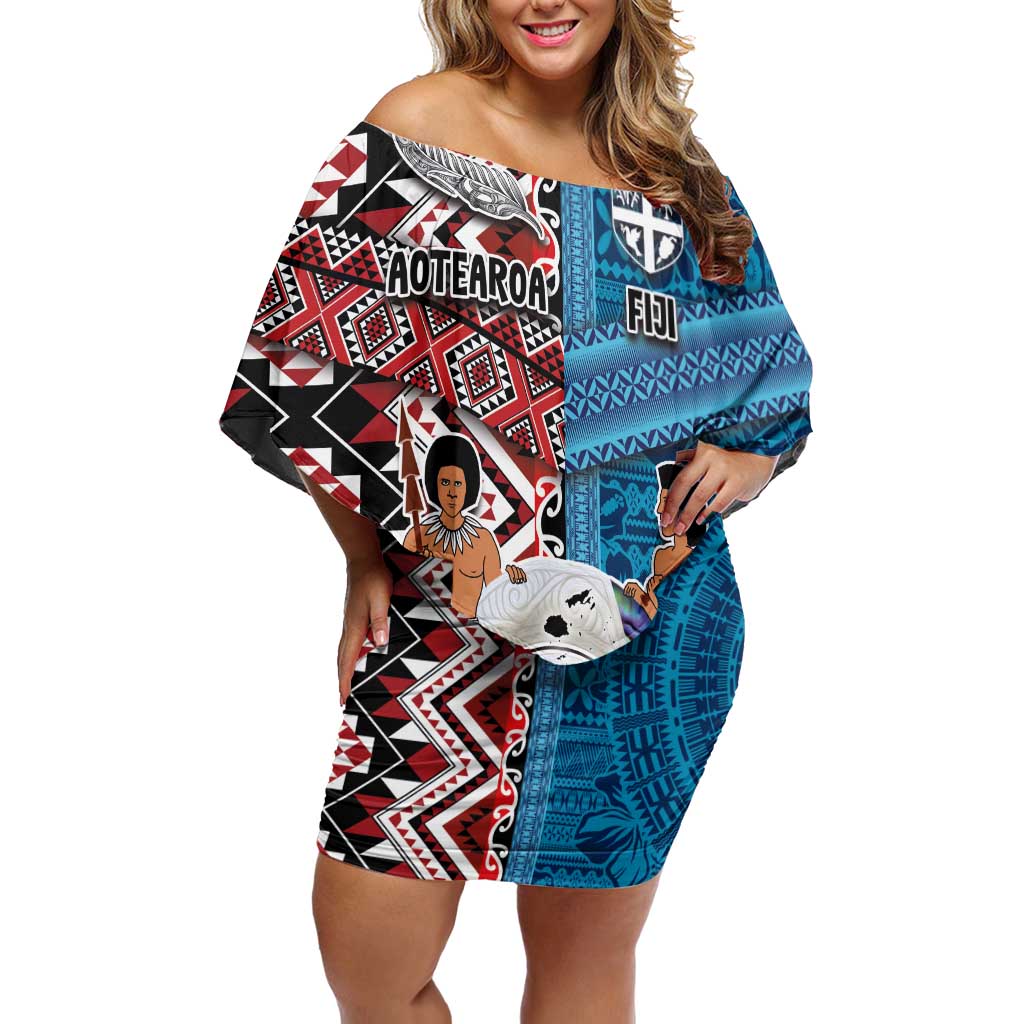 Personalised Aotearoa and Fiji Together Family Matching Off Shoulder Short Dress and Hawaiian Shirt Melanesian Warrior and Koru - Taniko with Hibiscus Tapa Pattern LT03 Mom's Dress Blue - Polynesian Pride