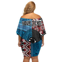 Personalised Aotearoa and Fiji Together Family Matching Off Shoulder Short Dress and Hawaiian Shirt Melanesian Warrior and Koru - Taniko with Hibiscus Tapa Pattern LT03 - Polynesian Pride