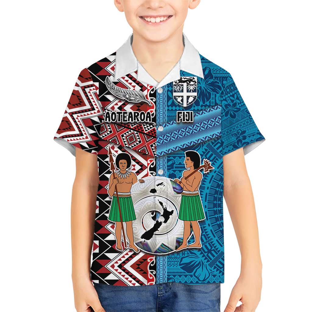 Personalised Aotearoa and Fiji Together Family Matching Off Shoulder Short Dress and Hawaiian Shirt Melanesian Warrior and Koru - Taniko with Hibiscus Tapa Pattern LT03 Son's Shirt Blue - Polynesian Pride