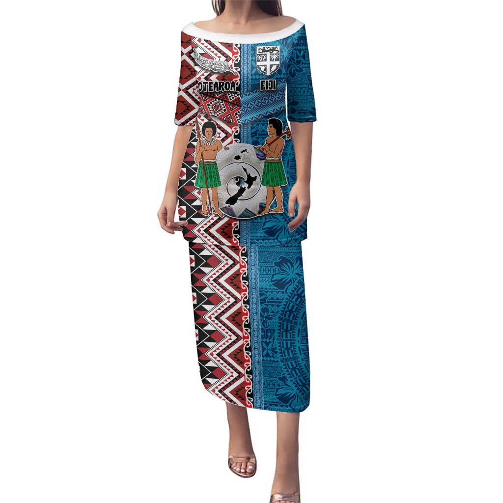 Personalised Aotearoa and Fiji Together Family Matching Puletasi and Hawaiian Shirt Melanesian Warrior and Koru - Taniko with Hibiscus Tapa Pattern LT03 Mom's Dress Blue - Polynesian Pride