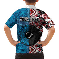 Personalised Aotearoa and Fiji Together Family Matching Short Sleeve Bodycon Dress and Hawaiian Shirt Melanesian Warrior and Koru - Taniko with Hibiscus Tapa Pattern LT03 - Polynesian Pride