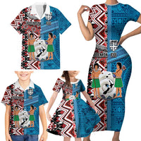 Personalised Aotearoa and Fiji Together Family Matching Short Sleeve Bodycon Dress and Hawaiian Shirt Melanesian Warrior and Koru - Taniko with Hibiscus Tapa Pattern LT03 - Polynesian Pride