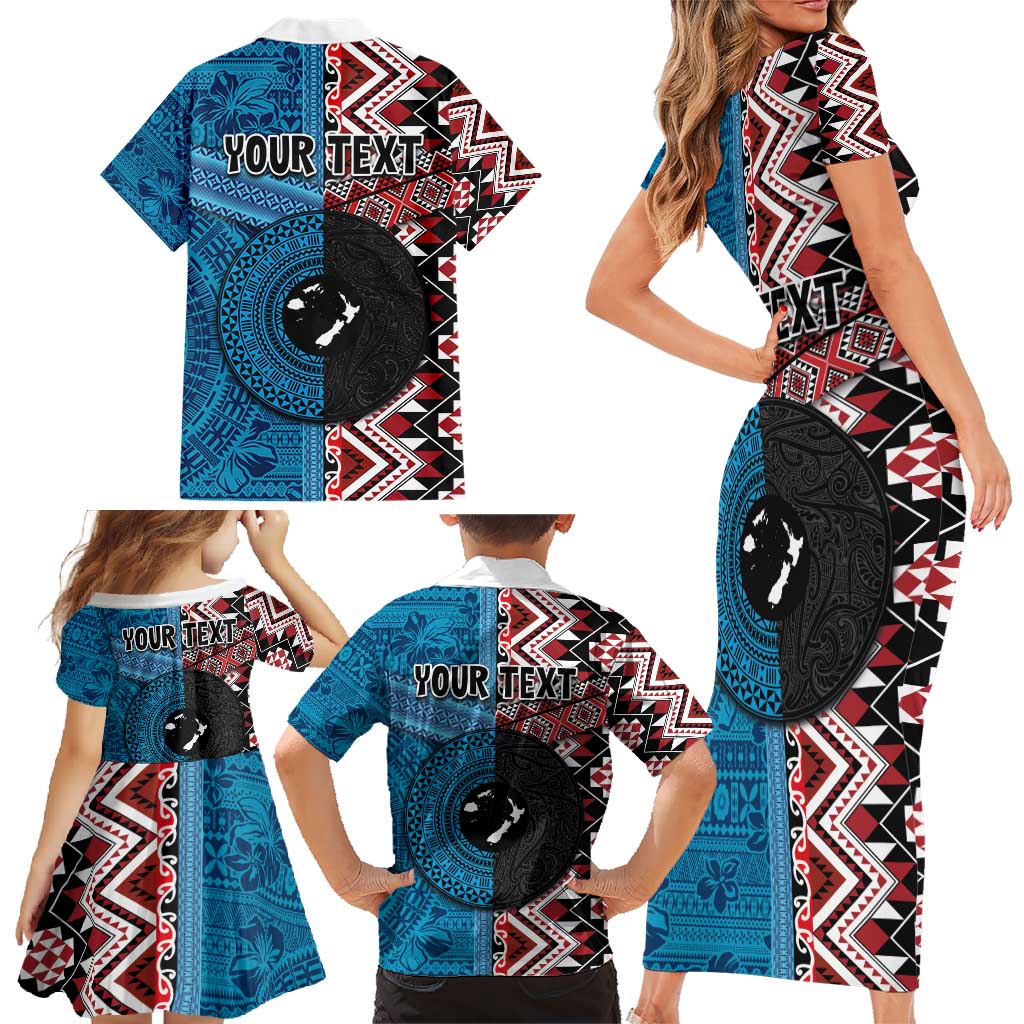 Personalised Aotearoa and Fiji Together Family Matching Short Sleeve Bodycon Dress and Hawaiian Shirt Melanesian Warrior and Koru - Taniko with Hibiscus Tapa Pattern LT03 - Polynesian Pride