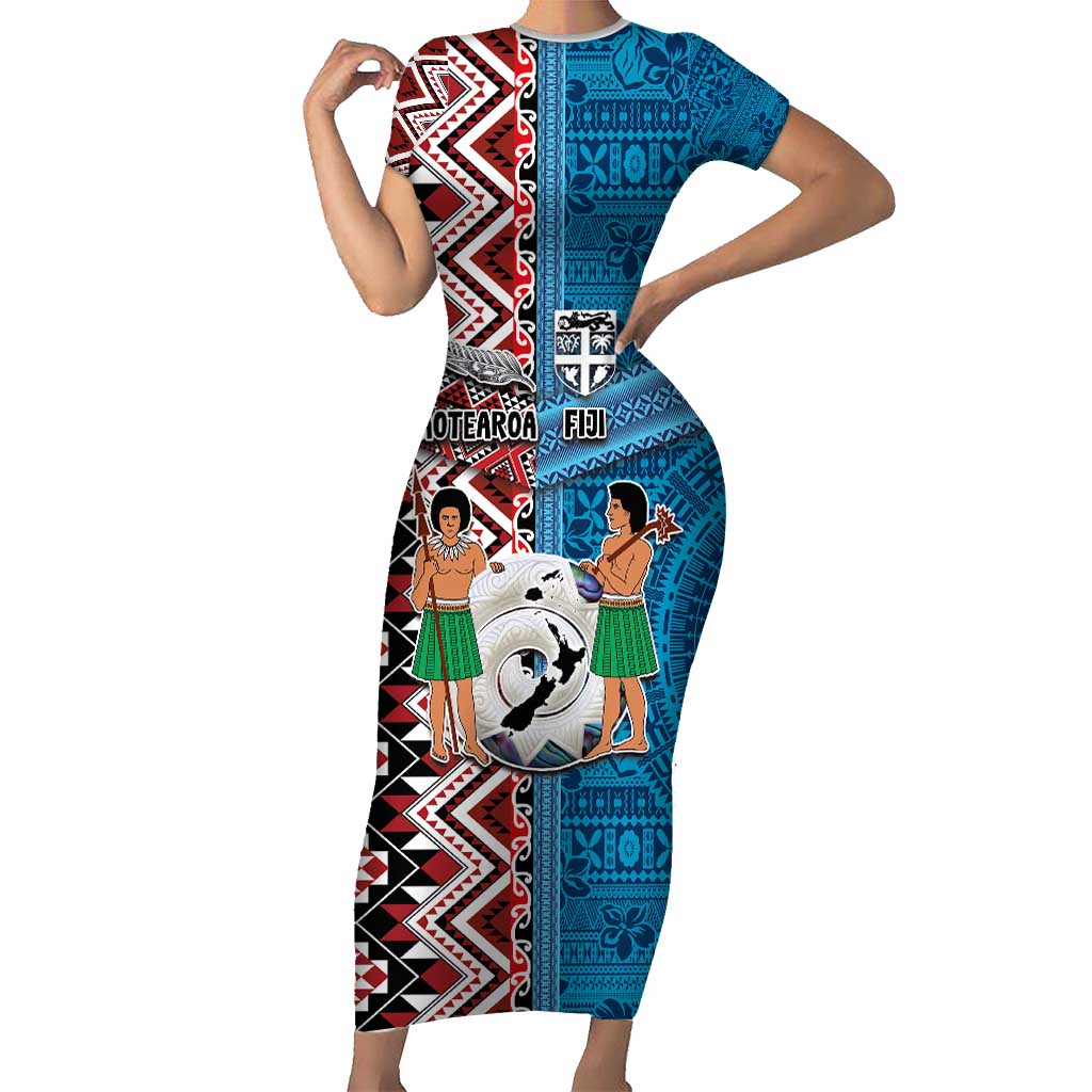 Personalised Aotearoa and Fiji Together Family Matching Short Sleeve Bodycon Dress and Hawaiian Shirt Melanesian Warrior and Koru - Taniko with Hibiscus Tapa Pattern LT03 Mom's Dress Blue - Polynesian Pride