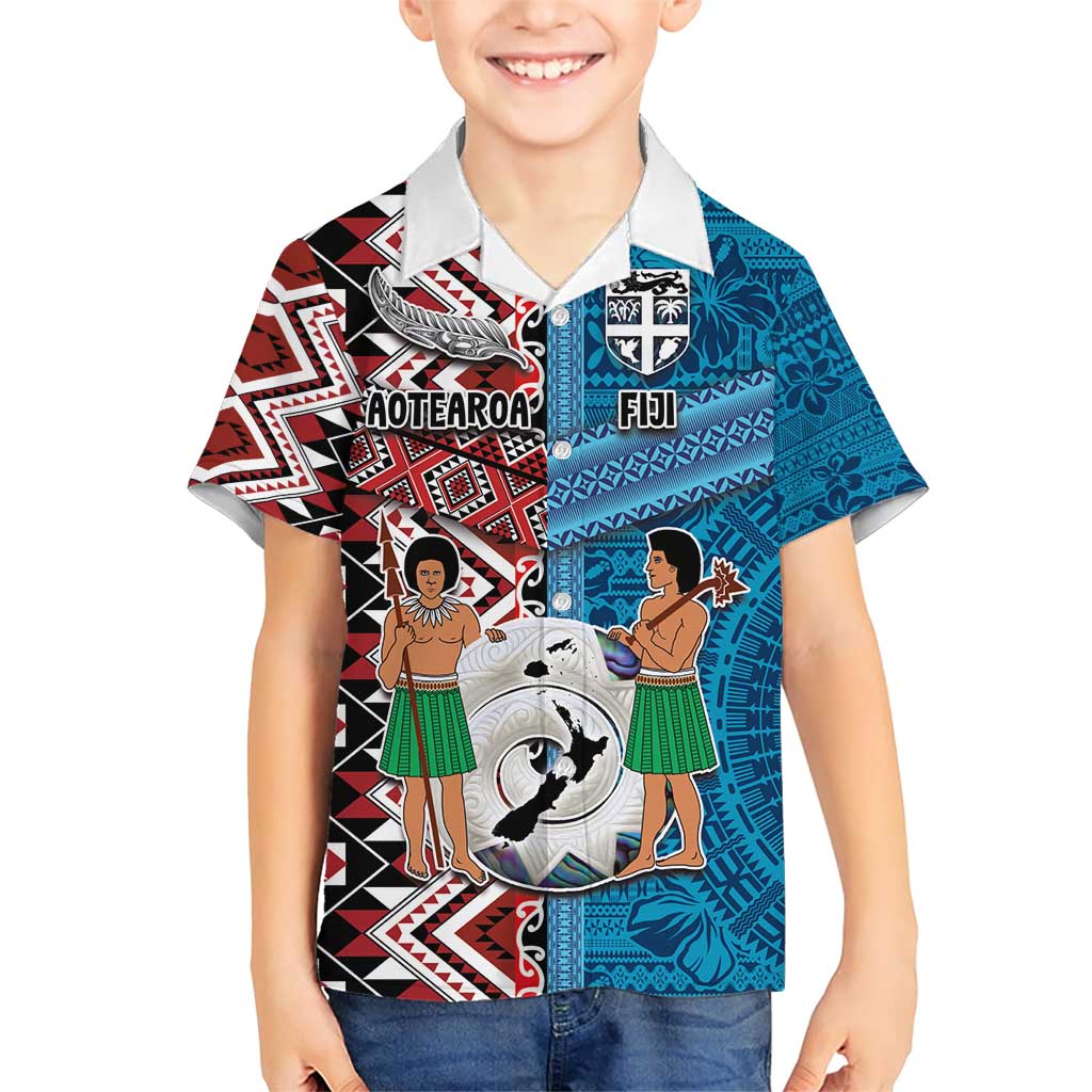 Personalised Aotearoa and Fiji Together Family Matching Short Sleeve Bodycon Dress and Hawaiian Shirt Melanesian Warrior and Koru - Taniko with Hibiscus Tapa Pattern LT03 Son's Shirt Blue - Polynesian Pride