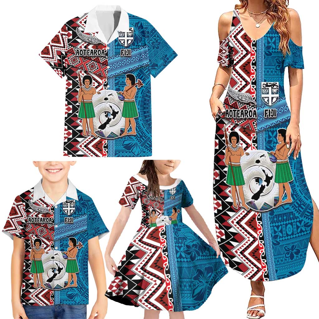 Personalised Aotearoa and Fiji Together Family Matching Summer Maxi Dress and Hawaiian Shirt Melanesian Warrior and Koru - Taniko with Hibiscus Tapa Pattern LT03 - Polynesian Pride