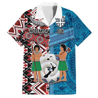 Personalised Aotearoa and Fiji Together Family Matching Tank Maxi Dress and Hawaiian Shirt Melanesian Warrior and Koru - Taniko with Hibiscus Tapa Pattern LT03 Dad's Shirt - Short Sleeve Blue - Polynesian Pride