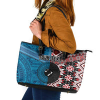 Personalised Aotearoa and Fiji Together Leather Tote Bag Melanesian Warrior and Koru - Taniko with Hibiscus Tapa Pattern