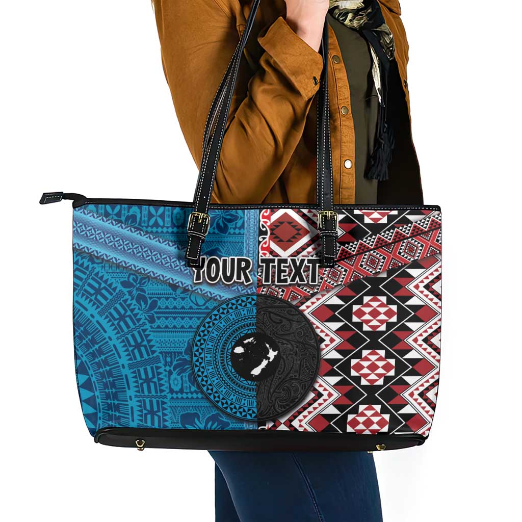 Personalised Aotearoa and Fiji Together Leather Tote Bag Melanesian Warrior and Koru - Taniko with Hibiscus Tapa Pattern