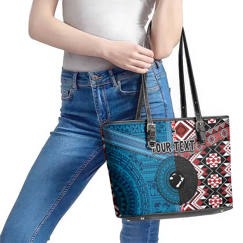 Personalised Aotearoa and Fiji Together Leather Tote Bag Melanesian Warrior and Koru - Taniko with Hibiscus Tapa Pattern