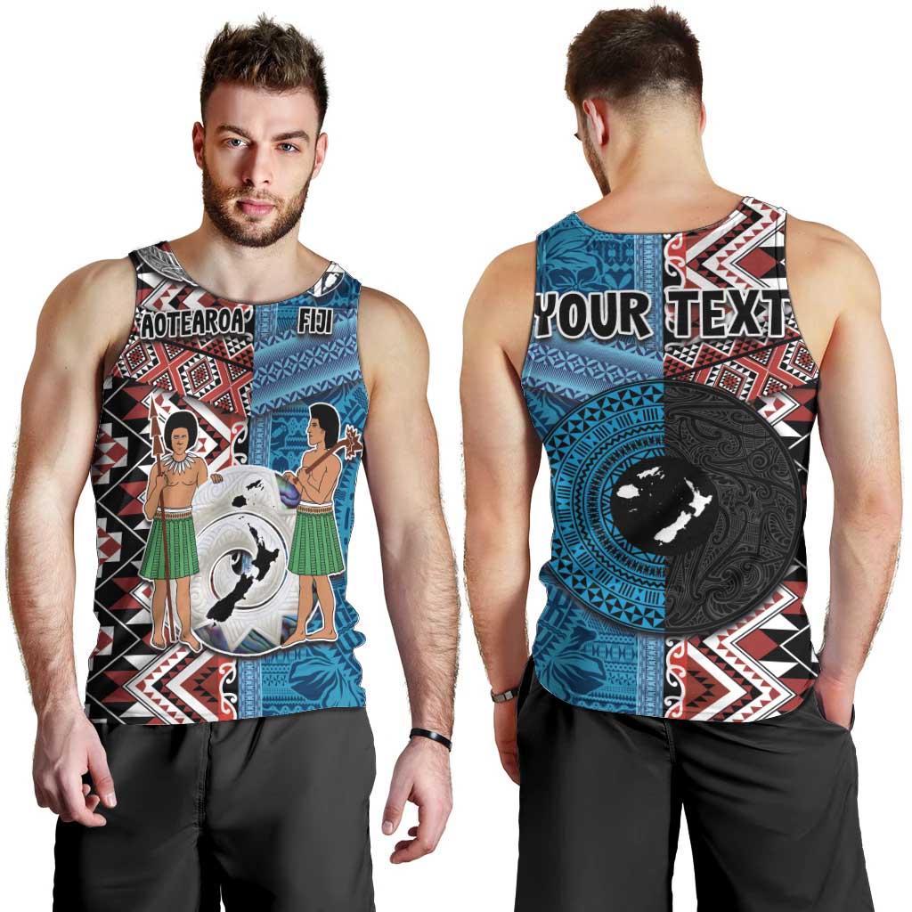 Personalised Aotearoa and Fiji Together Men Tank Top Melanesian Warrior and Koru - Taniko with Hibiscus Tapa Pattern