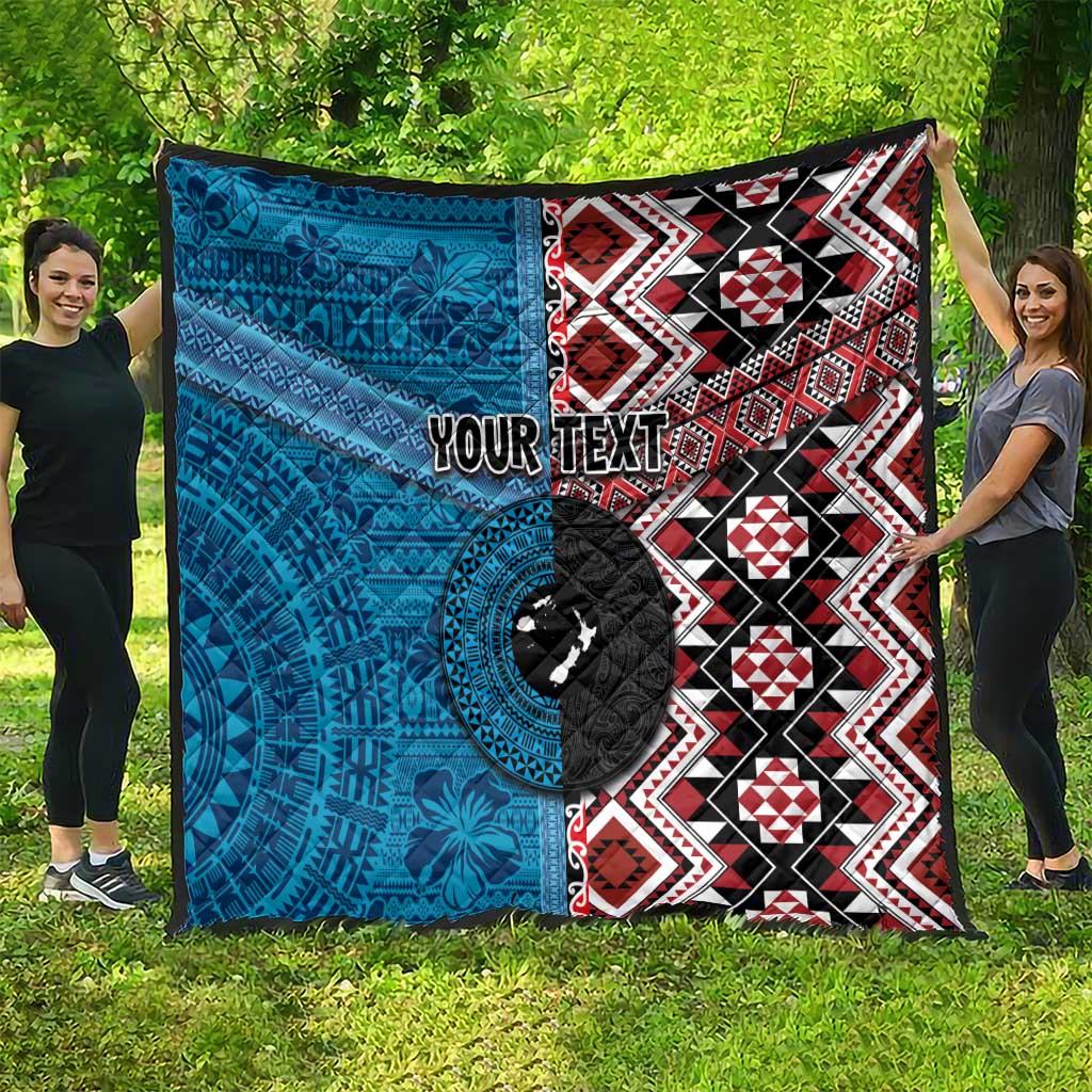 Personalised Aotearoa and Fiji Together Quilt Melanesian Warrior and Koru - Taniko with Hibiscus Tapa Pattern