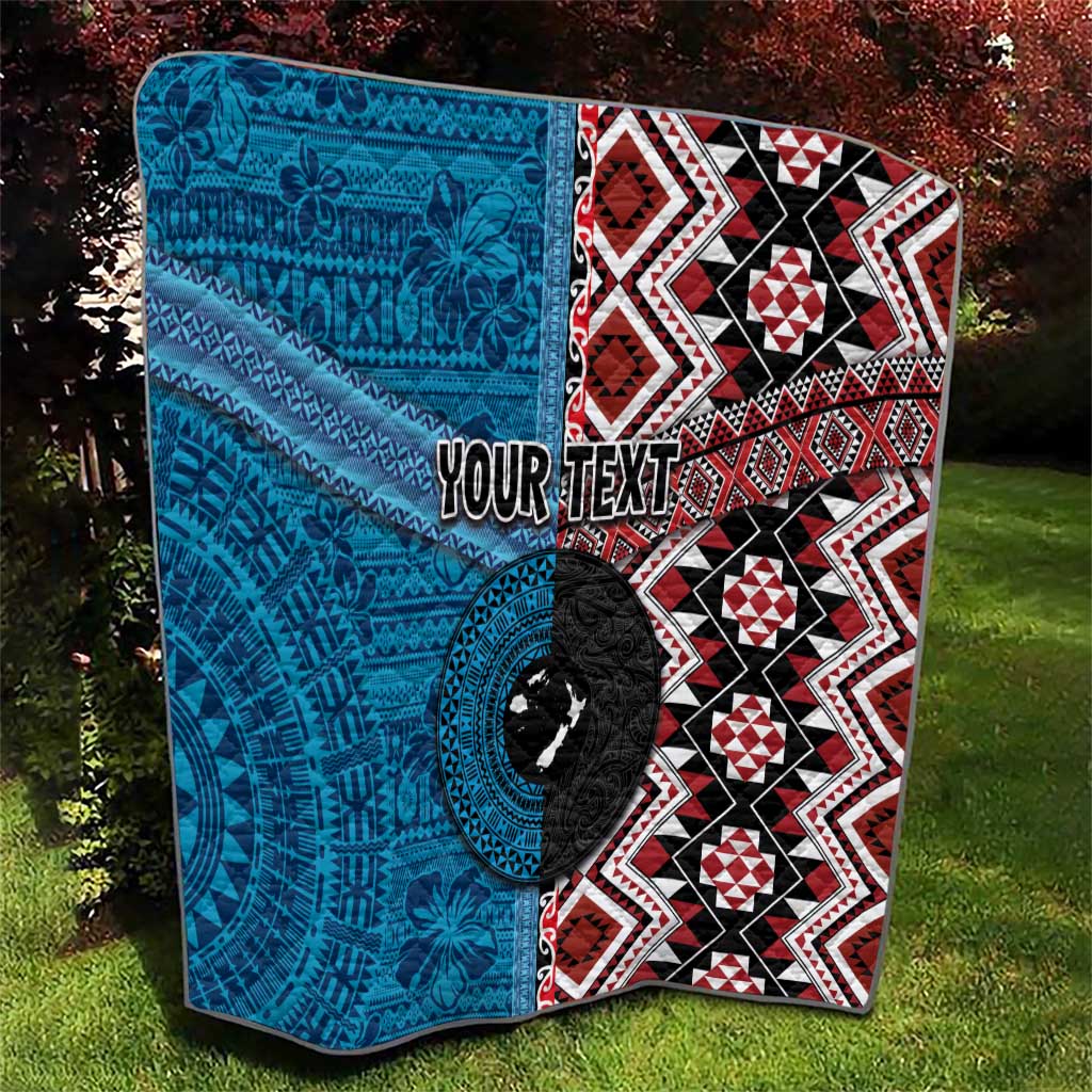 Personalised Aotearoa and Fiji Together Quilt Melanesian Warrior and Koru - Taniko with Hibiscus Tapa Pattern