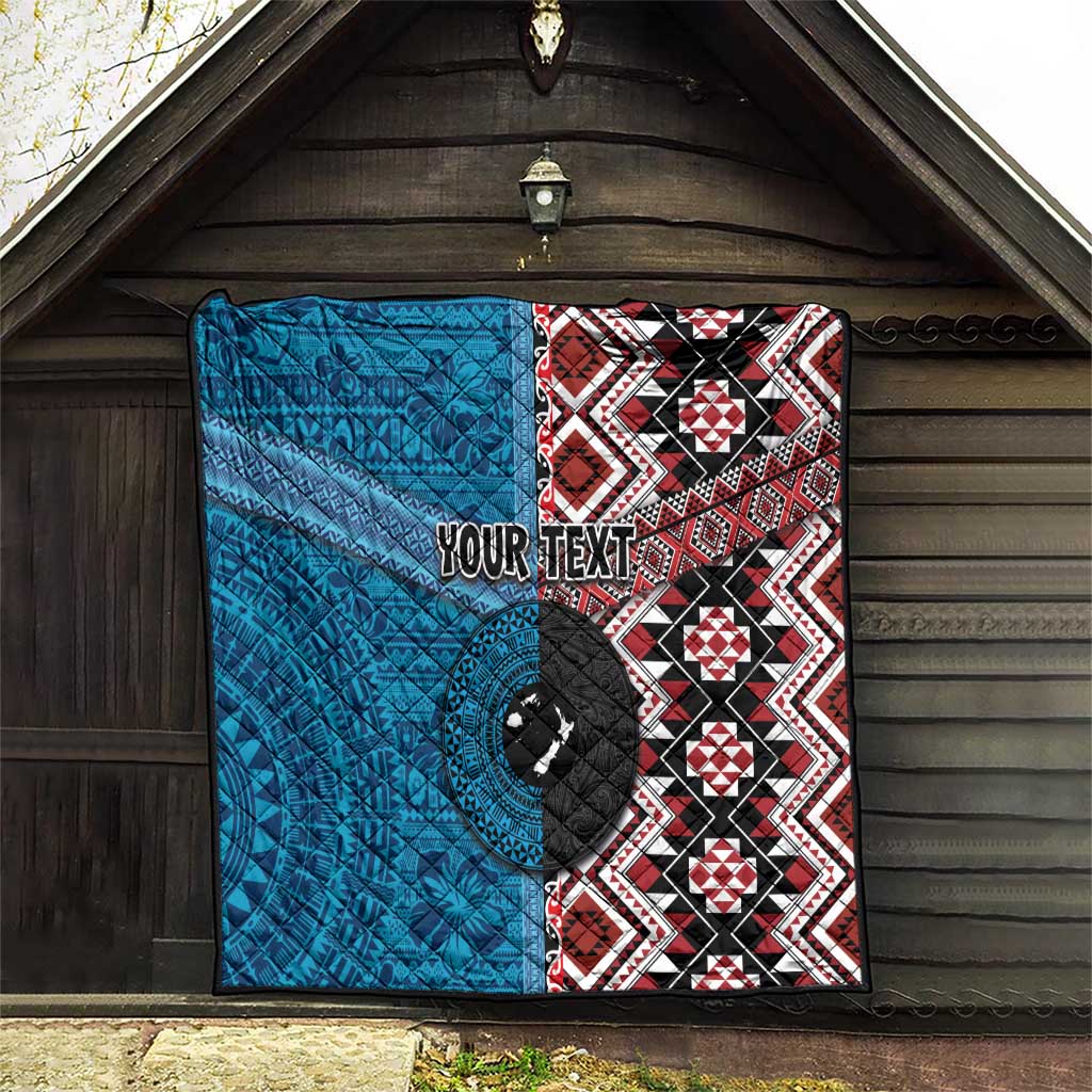 Personalised Aotearoa and Fiji Together Quilt Melanesian Warrior and Koru - Taniko with Hibiscus Tapa Pattern