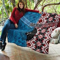 Personalised Aotearoa and Fiji Together Quilt Melanesian Warrior and Koru - Taniko with Hibiscus Tapa Pattern