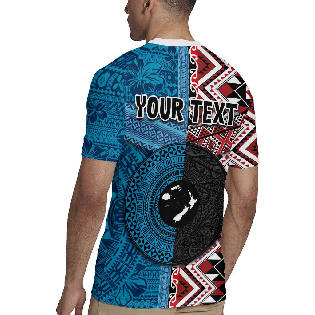 Personalised Aotearoa and Fiji Together Rugby Jersey Melanesian Warrior and Koru - Taniko with Hibiscus Tapa Pattern