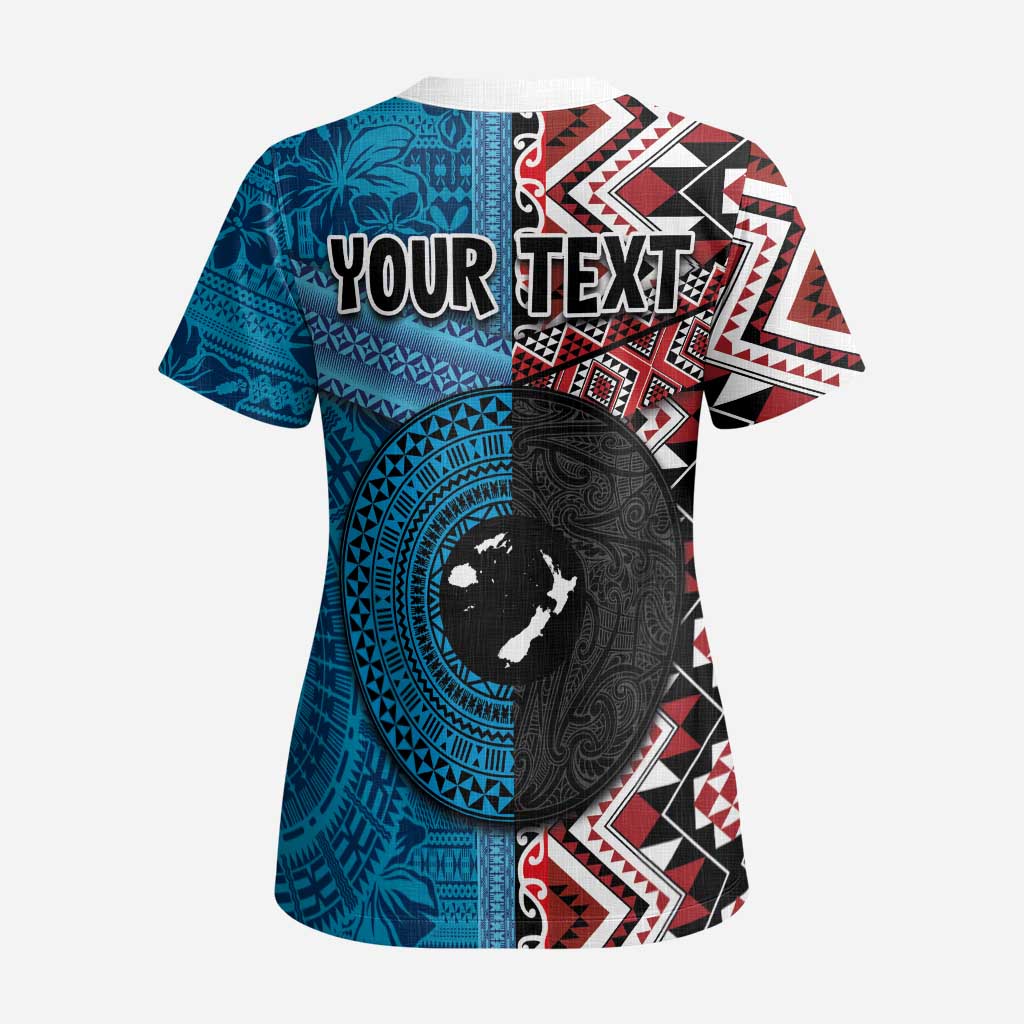 Personalised Aotearoa and Fiji Together Scrub Top Melanesian Warrior and Koru - Taniko with Hibiscus Tapa Pattern - Polynesian Pride