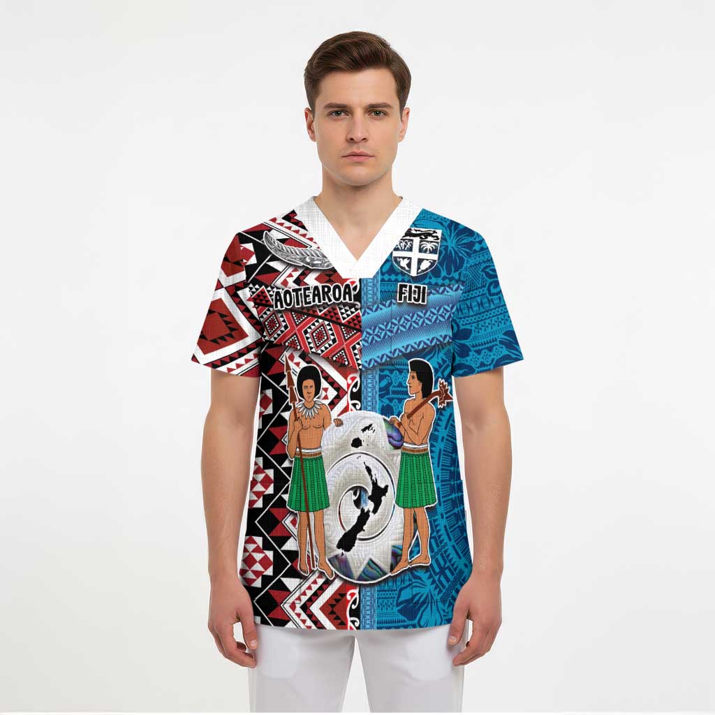 Personalised Aotearoa and Fiji Together Scrub Top Melanesian Warrior and Koru - Taniko with Hibiscus Tapa Pattern - Polynesian Pride