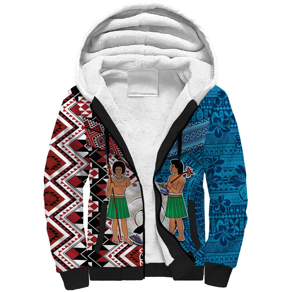 Personalised Aotearoa and Fiji Together Sherpa Hoodie Melanesian Warrior and Koru - Taniko with Hibiscus Tapa Pattern