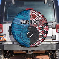 Personalised Aotearoa and Fiji Together Spare Tire Cover Melanesian Warrior and Koru - Taniko with Hibiscus Tapa Pattern LT03 Blue - Polynesian Pride
