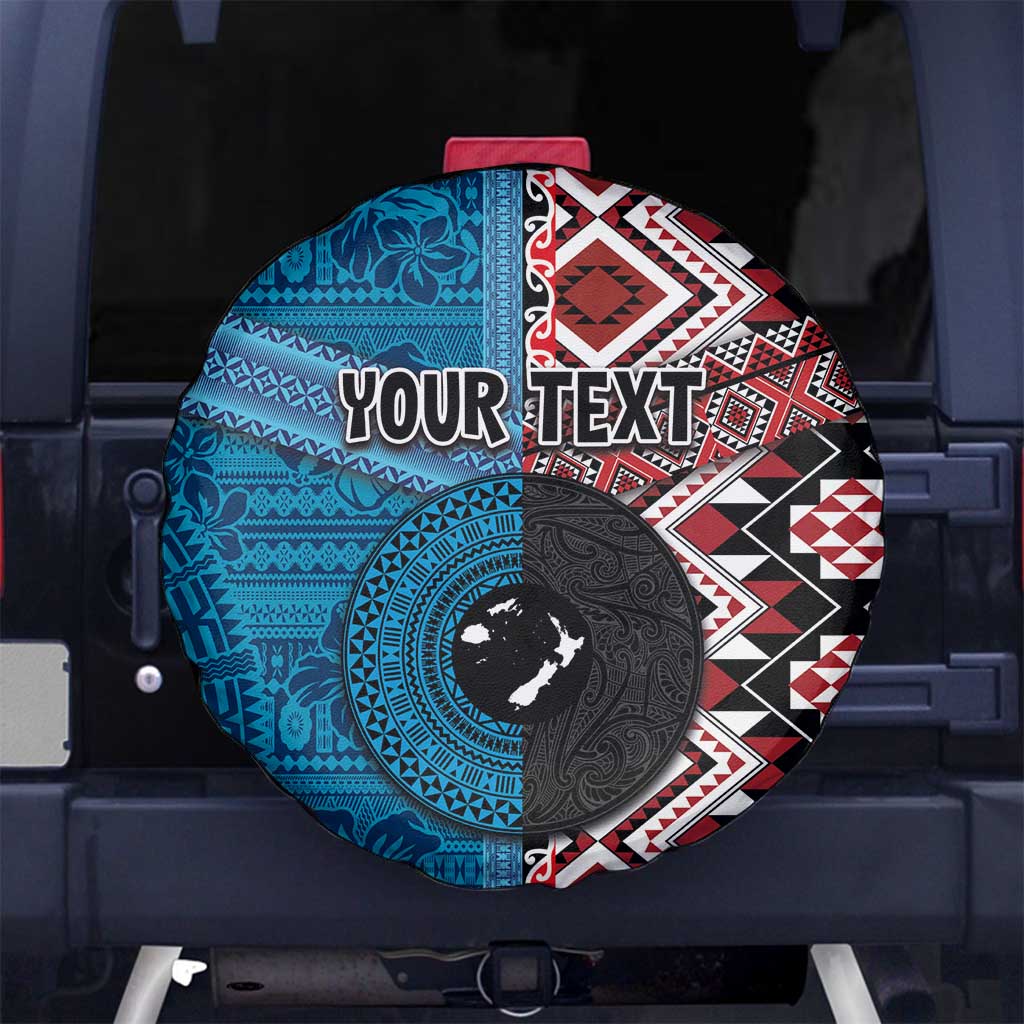Personalised Aotearoa and Fiji Together Spare Tire Cover Melanesian Warrior and Koru - Taniko with Hibiscus Tapa Pattern LT03 No hole Blue - Polynesian Pride