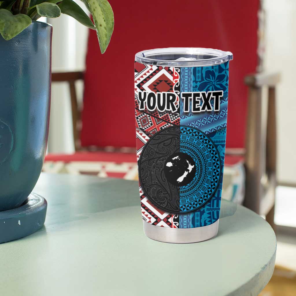 Personalised Aotearoa and Fiji Together Tumbler Cup Melanesian Warrior and Koru - Taniko with Hibiscus Tapa Pattern