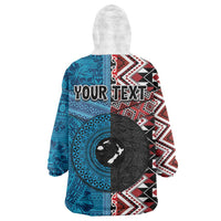 Personalised Aotearoa and Fiji Together Wearable Blanket Hoodie Melanesian Warrior and Koru - Taniko with Hibiscus Tapa Pattern