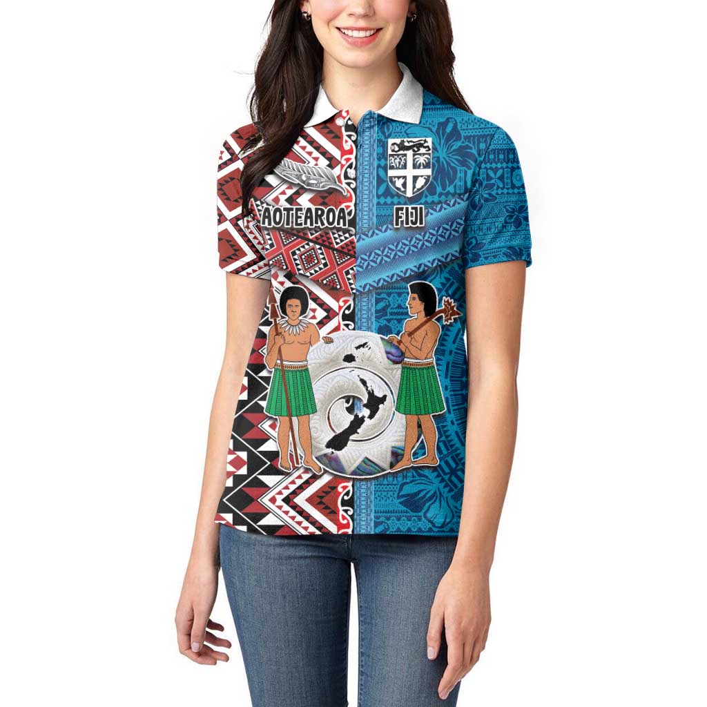Personalised Aotearoa and Fiji Together Women Polo Shirt Melanesian Warrior and Koru - Taniko with Hibiscus Tapa Pattern LT03 - Polynesian Pride