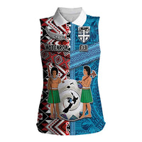Personalised Aotearoa and Fiji Together Women Sleeveless Polo Shirt Melanesian Warrior and Koru - Taniko with Hibiscus Tapa Pattern LT03 Female Blue - Polynesian Pride