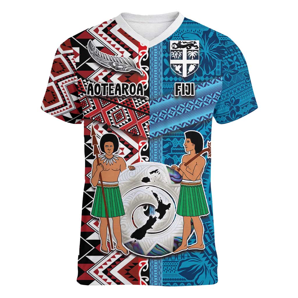 Personalised Aotearoa and Fiji Together Women V-Neck T-Shirt Melanesian Warrior and Koru - Taniko with Hibiscus Tapa Pattern