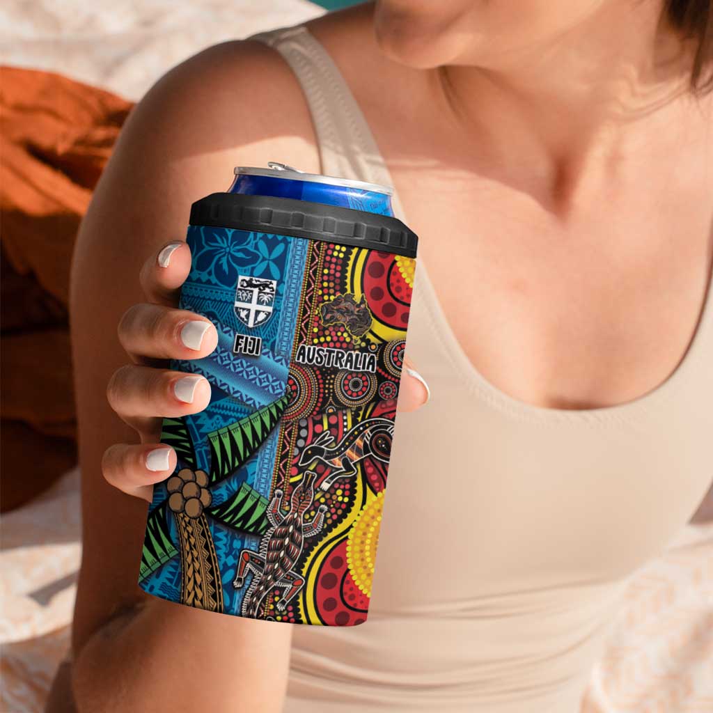Personalised Australia and Fiji Together 4 in 1 Can Cooler Tumbler Tribal Palm Tree with Tapa and Aboriginal Animals Half Style