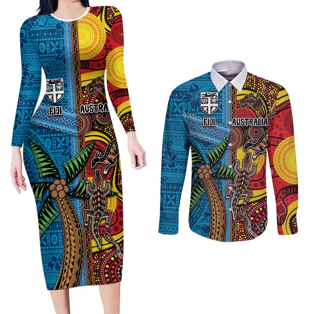 Personalised Australia and Fiji Together Couples Matching Long Sleeve Bodycon Dress and Long Sleeve Button Shirt Tribal Palm Tree with Tapa and Aboriginal Animals Half Style LT03 Blue - Polynesian Pride